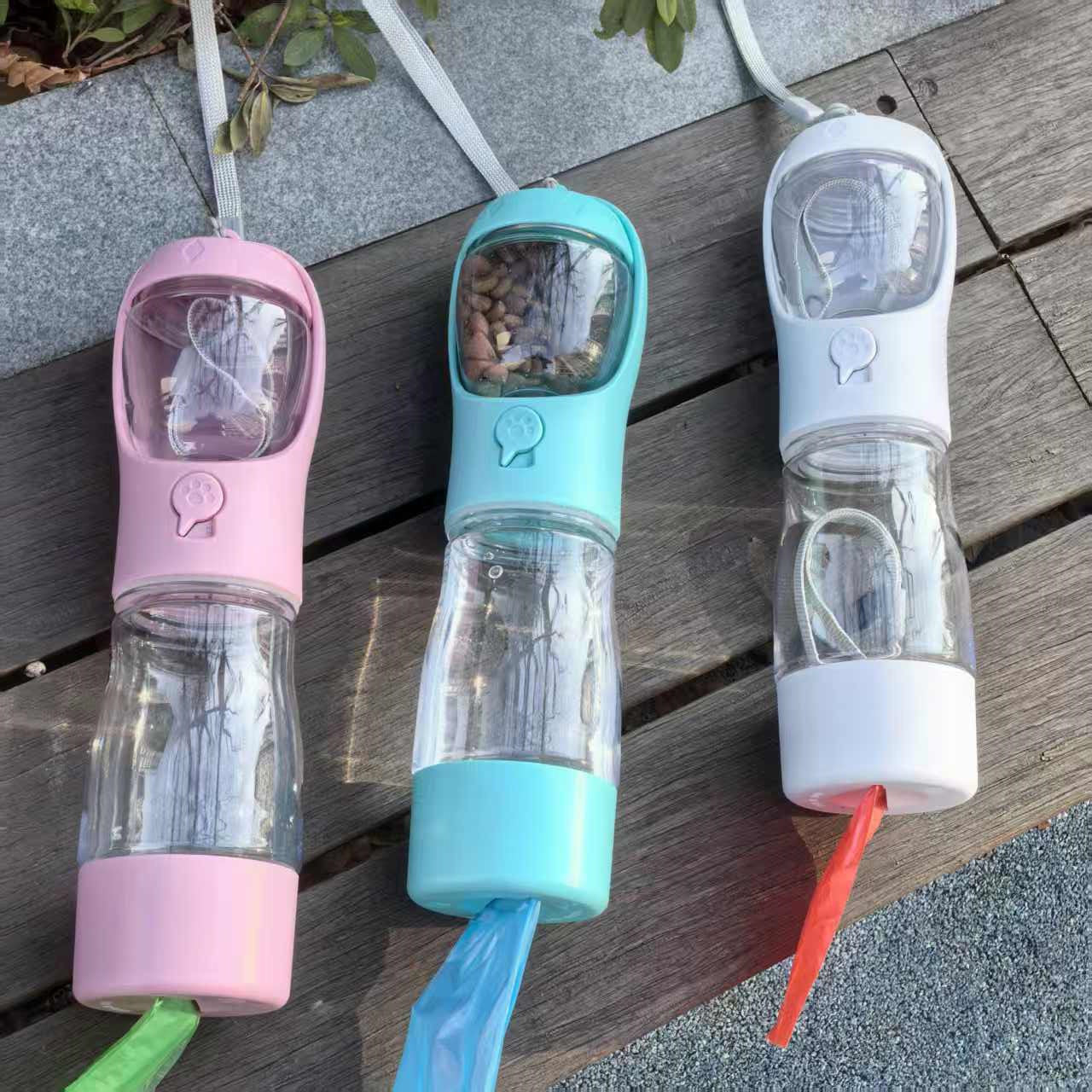3-in-1 Dog Travel water Bottle with food Storage & Poop Bag Holder